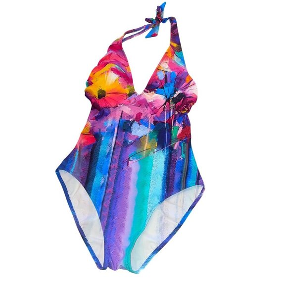Gottex Womens One Piece Size 8 Multicolor Standard Summer Deep V Halter Stretch - Picture 1 of 8